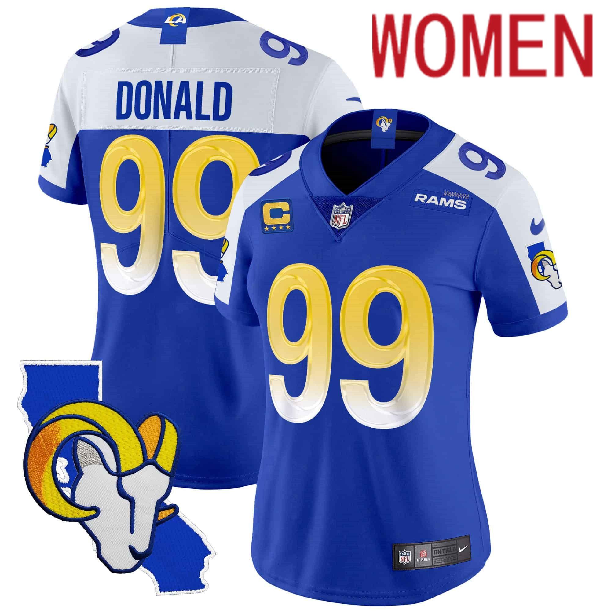 Women Los Angeles Rams 99 Donald Blue 2024 Nike California Patch Vapor Limited NFL Jersey